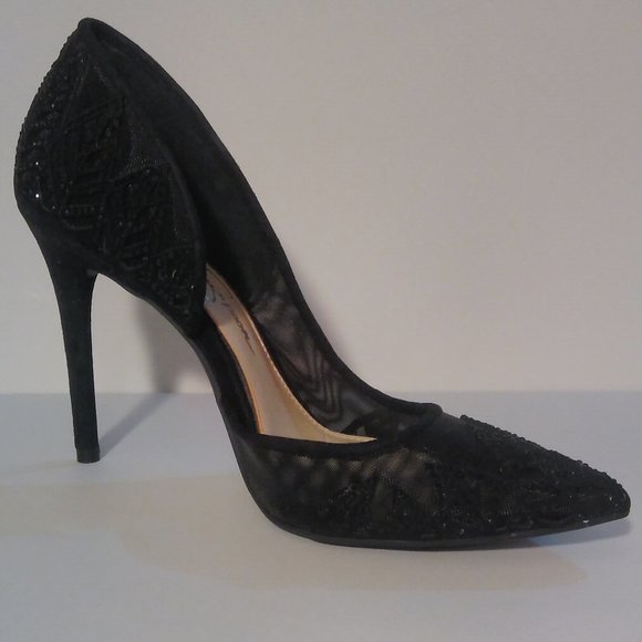 JESSICA SIMPSON 7 BLACK MESH SPARKLY RHINESTONE STILETTO HEELS holiday Christmas - Picture 9 of 16